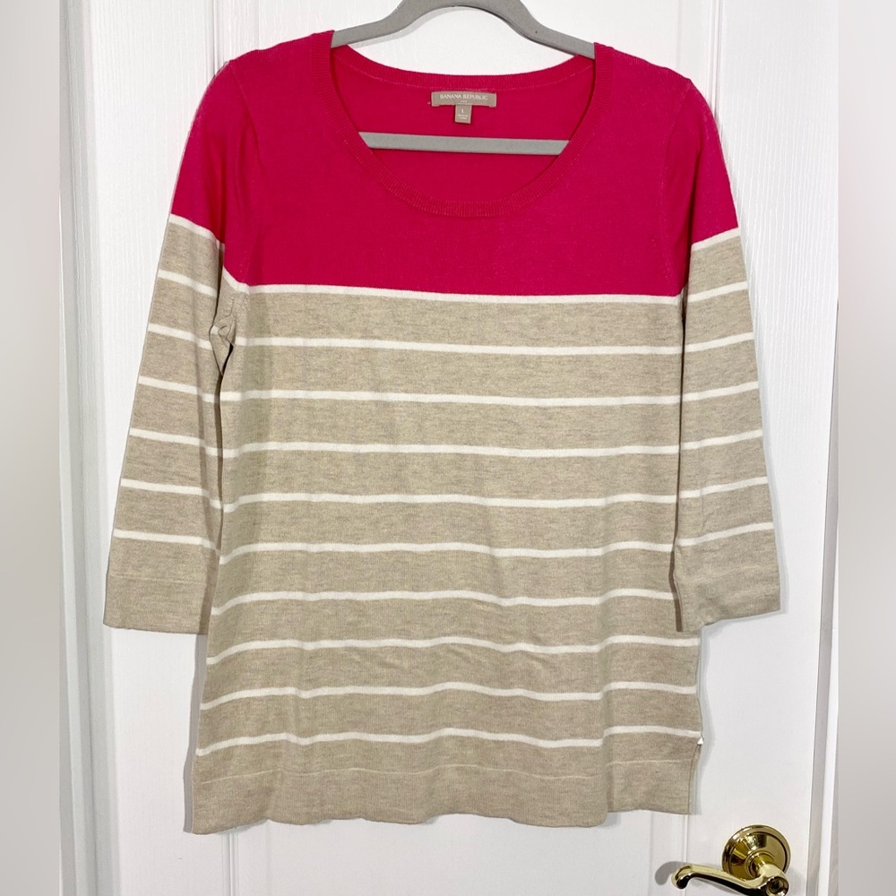 Banana Republic Colorblock Stripe 3/4 Sleeve Knit Sweater Pink Tan White Large